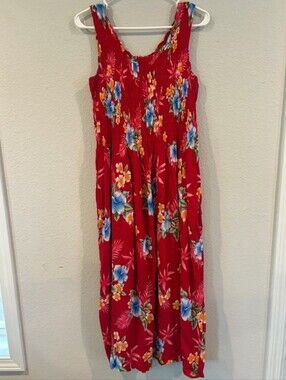 Aloha Hut Hawaii Vintage Classic Comfy Red Floral Sleeveless Maxi Dress One Size